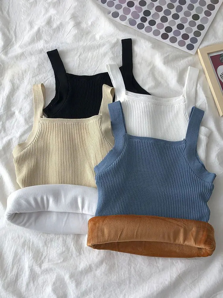 Autumn Winter Fleece Knit Tank Tops Women Thin Strap Sleeveless TShirt Female Backless Basic Tops Camis Lady Casual Solid color 251023