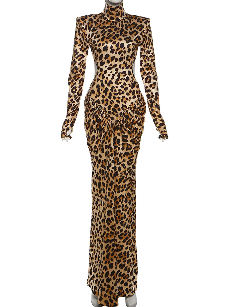 Nibber Leopard Print Maxi Dress Women Backless Full Sleeve Turtleneck Peach Butt Folds Skinny Fashion Elegant Banquet Vestidos 251022