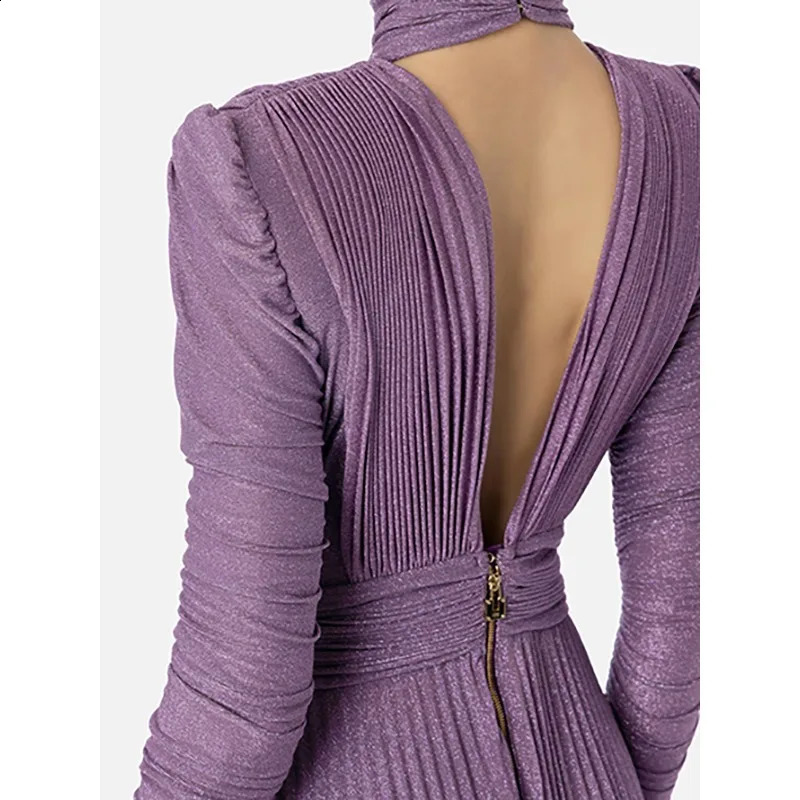 Purple Womens Dresses Turtlenecks Folds Midi Aline Backless Long Sleeve Sideslit with Belt Part Evening Dress 141013 251022