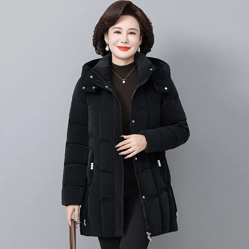 Womens Winter Thickened Jackets Down Cotton Parkas Hooded Quilted Long Pockets coat Middle aged Female Overcoat 251022