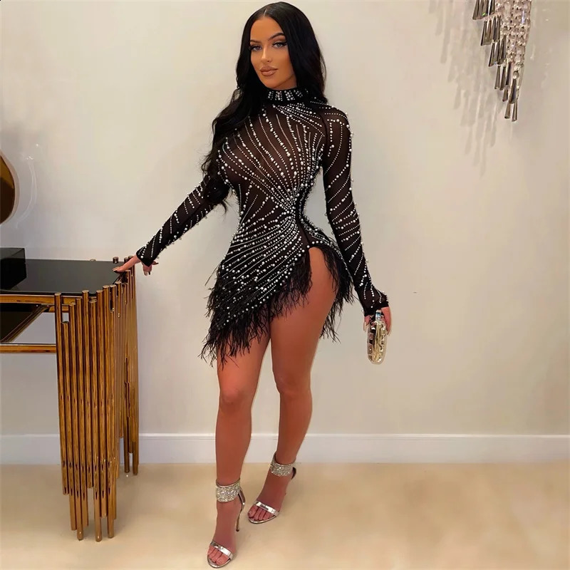 Sexy Pearls Rhinestone Party Dresses Women Elegance Nightclub Feather Birthday Dress Long Sleeve Mesh Sheer Bodycon Mini Dress 251020
