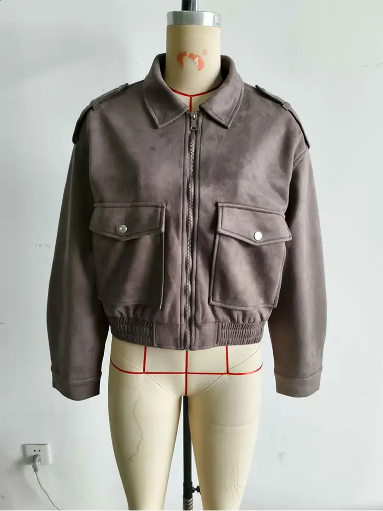 HH Female Vintage Suede Coats For 2025 Autumn Solid Long Sleeve Zipper Lapel With Pockets Street Fashion Jacket Causal Outerwear 251018