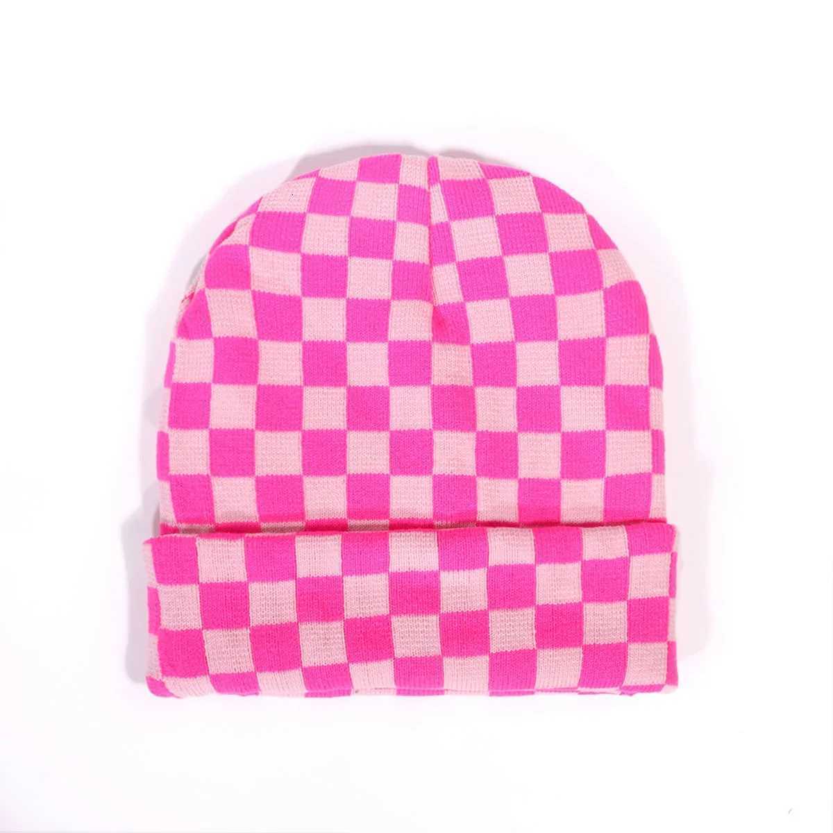 Checkered Jacquard Roll Brim Knit Beanie Minimalist White Streetwear Unisex Couple Winter HatXJ251023