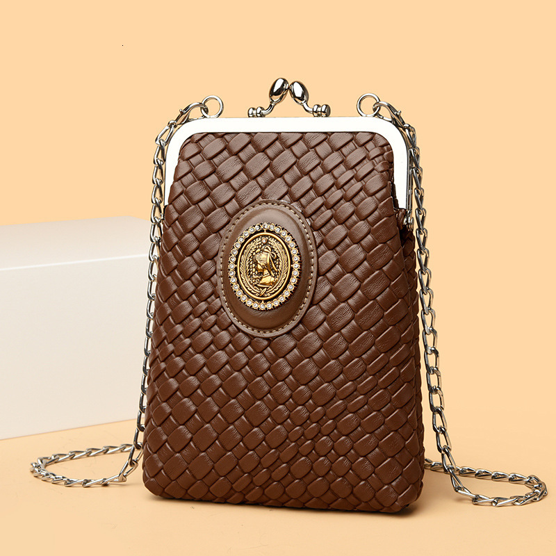 Luxury Brand Designer Bag Beauty Head Diamond-Studded Phone Bag 2025 Socialite Clip Chain Bag Fashion Woven Leather Single Shoulder Crossbody Coin Pur