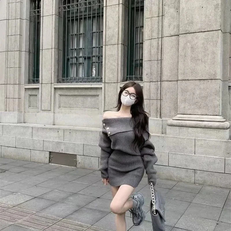 Shoulder Bared Knitted Sweater Dress Womens Autumn Winter Style Grey Wrap Waist Short Skirt Long Sleeve Dress 251020