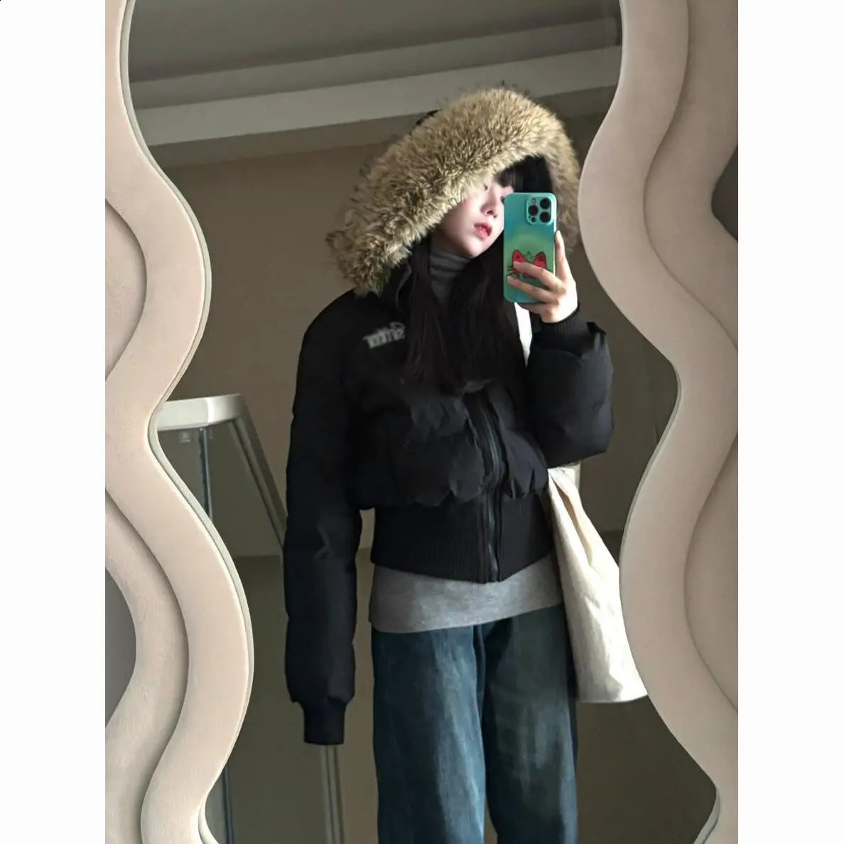 Korean Chic Slim Waist Short Parkas Y2k Harajuku Grunge Print Patchwork Fluffy Hooded Cotton Jacket Autumn Winter Warm Top 251021