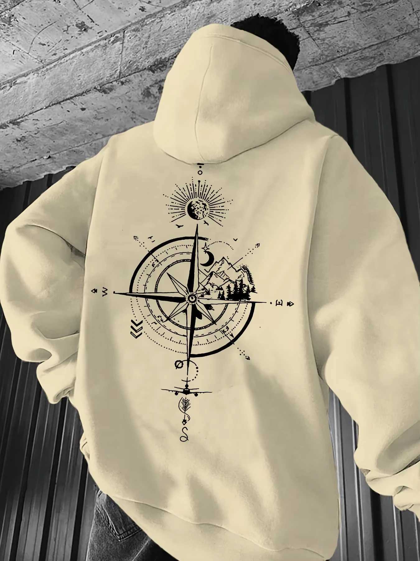 Vintage Compass Printed Hoodie Mens Autumn and Winter Casual Fashion Longsleeved Sweatshirt Daily Street ClothingT251023