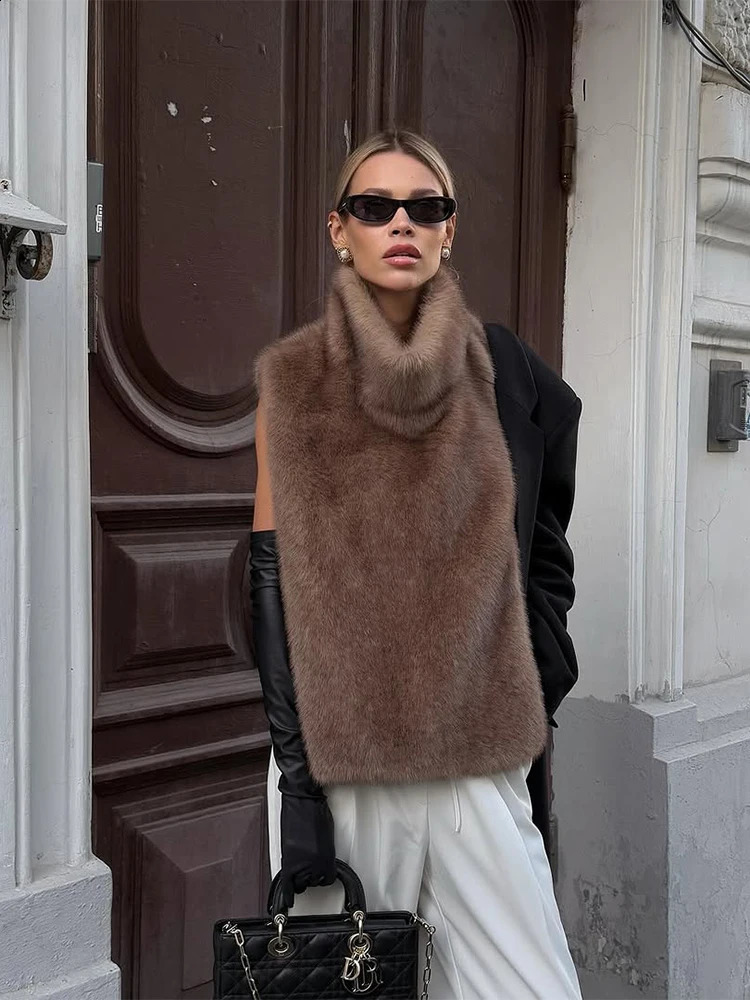Women Solid Stand Collar Faux Fur Vest Chic High Sleeveless Loose Short Waistcoat Casual Lady Daily Street Vests 251021