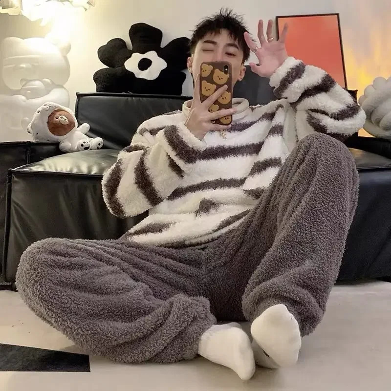 Couple Pajamas for Men Fleece Winter Sleepwear Korean Sleeping Night Wear 2 Pcs Pants Sets Oneck Warm Home Suit Striped Pijama 251021