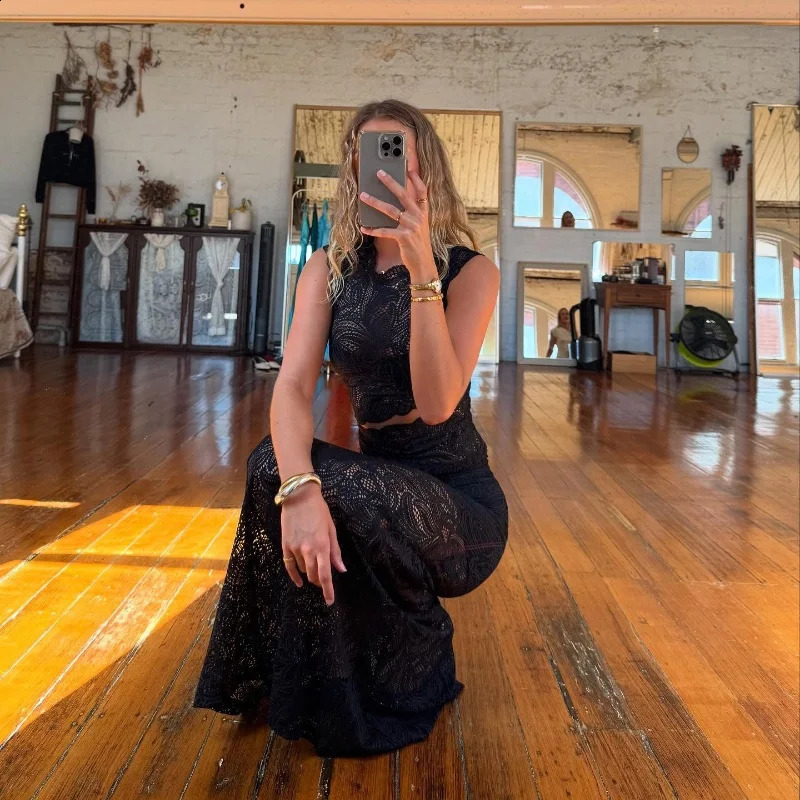 Candy See Through Lace Sexy Sleeveless Round Neck and Elegant Straight Long Skirt Summer Evening Vintage Women 2 Pieces Set 251013