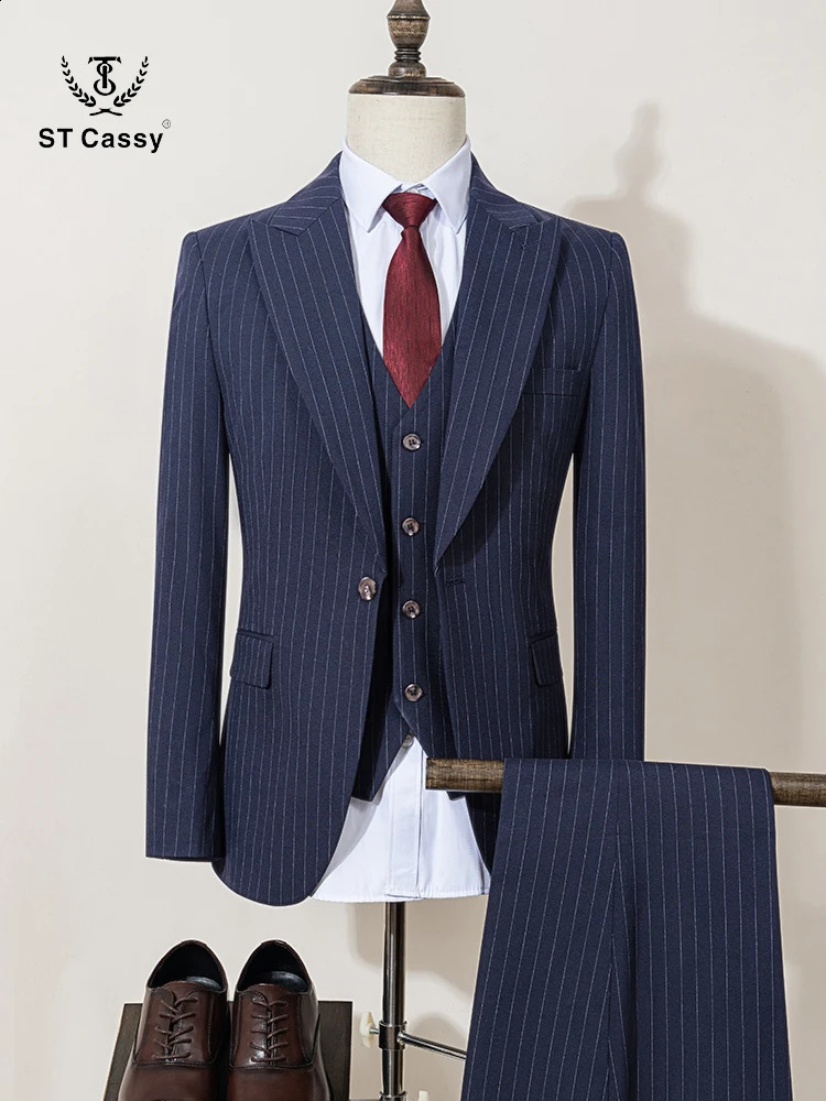 ST Cassy highquality blue striped suits for men slim fit luxurious and elegant mens business suit 3piece set full 251023