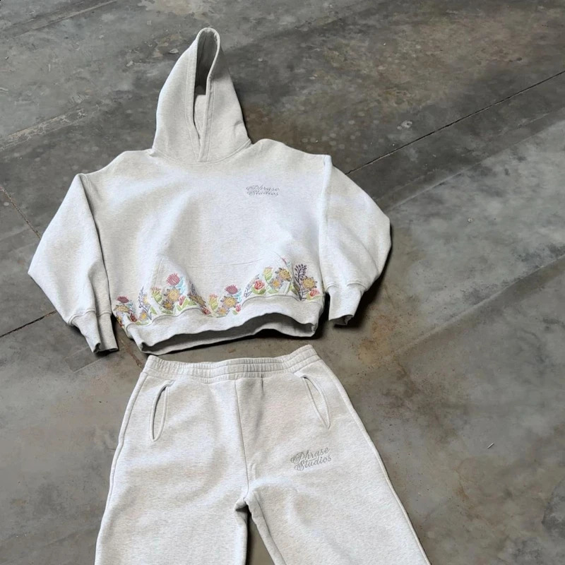 2 Pcs Outerwear Coords Y2K Floral Grey Tracksuit y Hoodie Men Women Sports Fresh Jogging Streetwear Unisex Boxy Set 251023