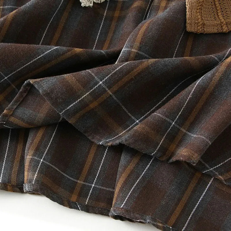 DongCMY Style y Leisure Autumn Irregular Plaid Lace Splicing HighWaisted Wine Red Skirt 251022