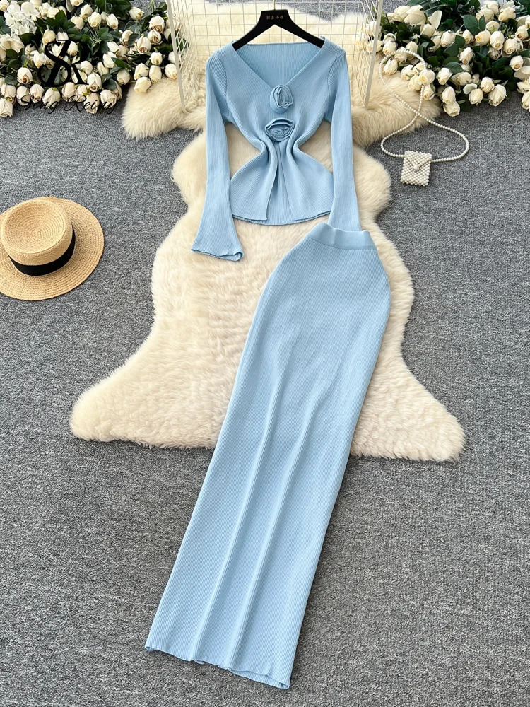 SINGREINY 3D Floral Knitted Two Piece Sets Autumn Women Long Sleeve Basic Warm TopSplit Skirt Winter Slim Party Suits 251022
