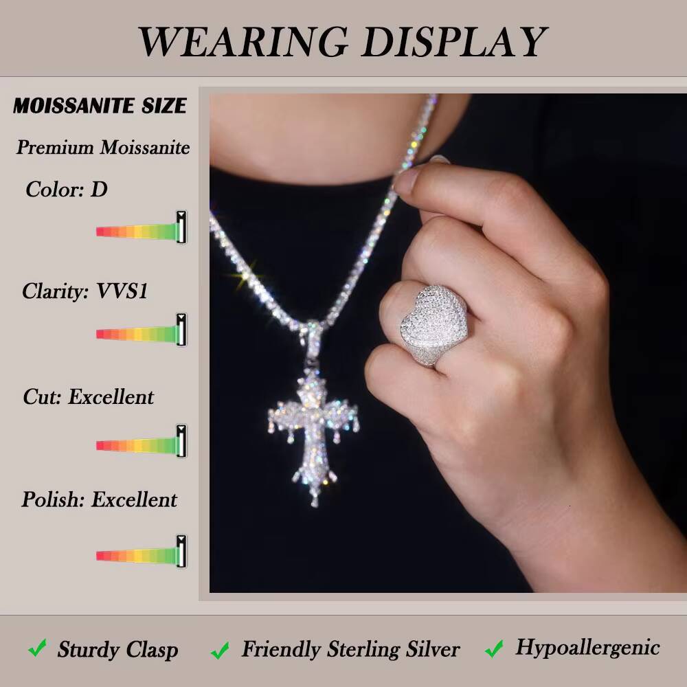 Mens Womens Full Iced out Heart Moissanite Ring 925 Silver Platinum Plated Hip Hop Statement Jewelry Accessories