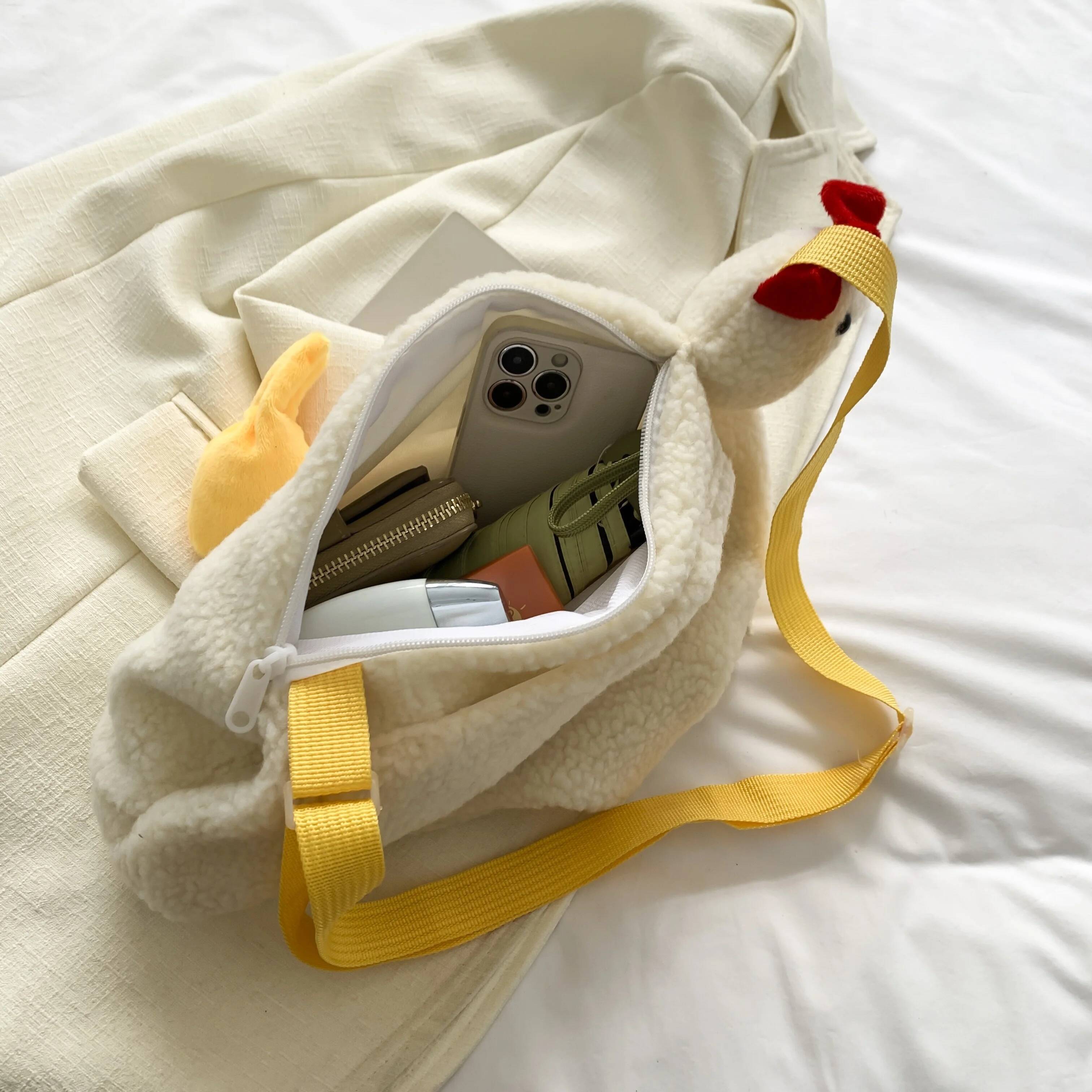 Women's cartoon crossbody bag creative cute chicken handbag shoulder bag designer bag luxury handbag plush armpit bag wallet