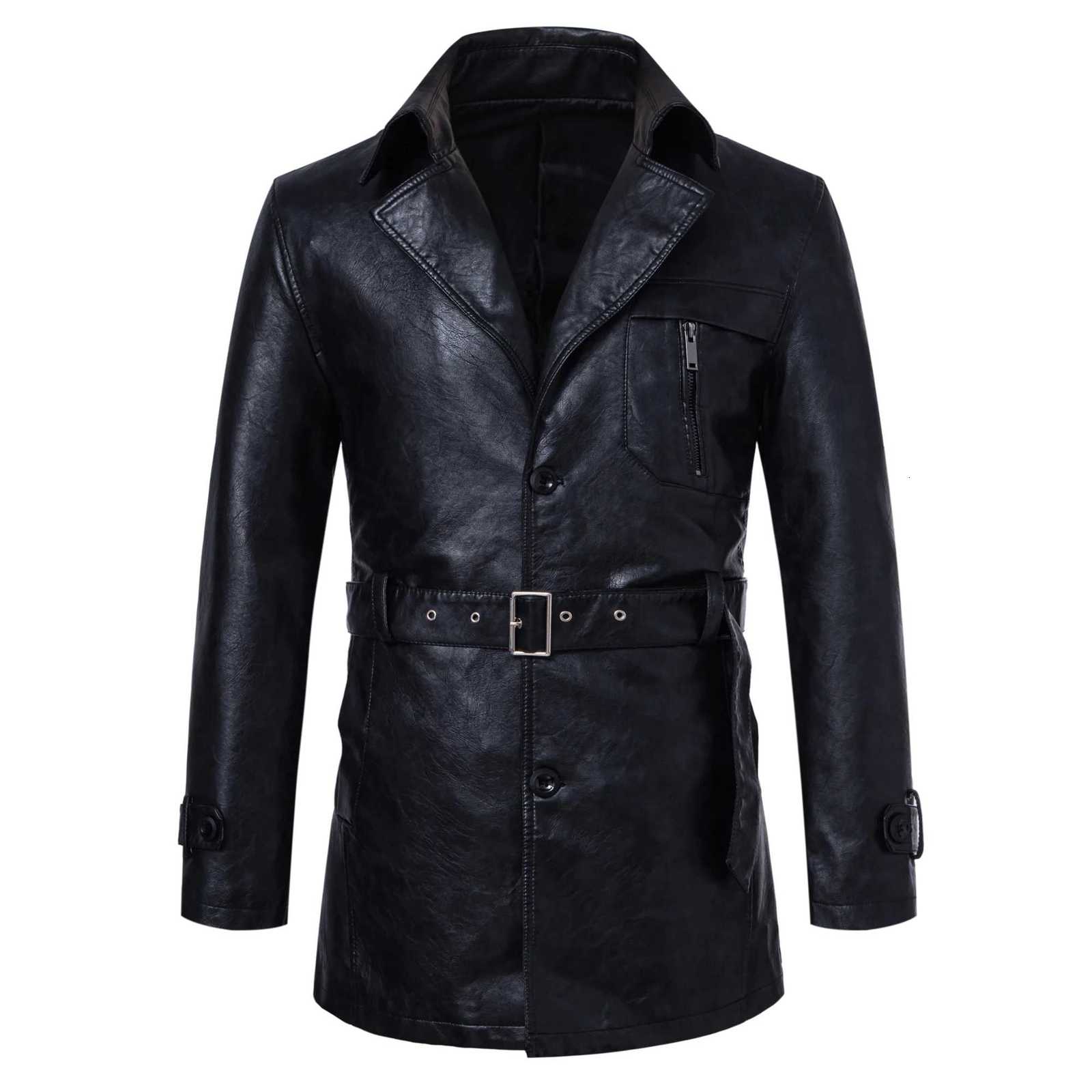 Mens midlength PU leather jacket with a detachable beltlapel trench coat for business casualurban commuting W251023