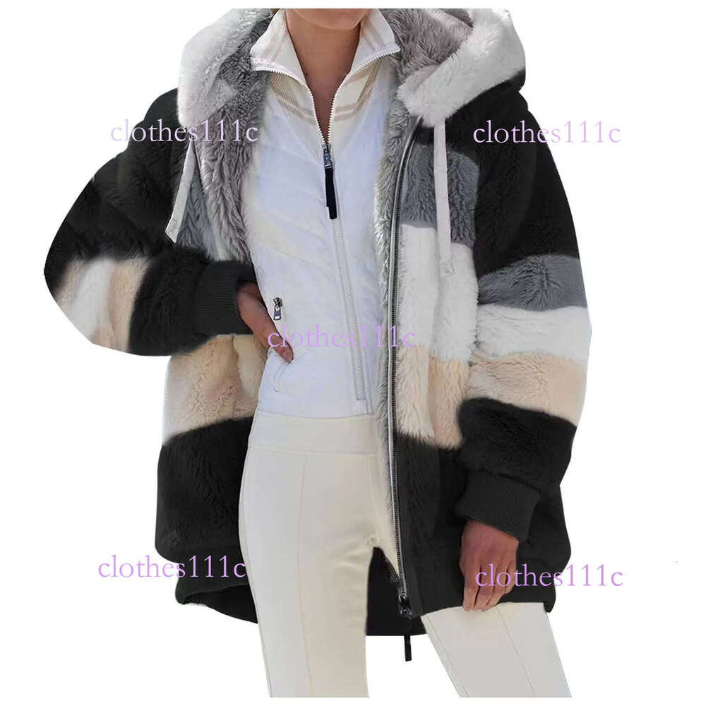 Women Striped Patchwork Fleece Coat Autumn Winter Long Lantern Sleeve Loose Cardigan Hoodie Sweatshirt Coats