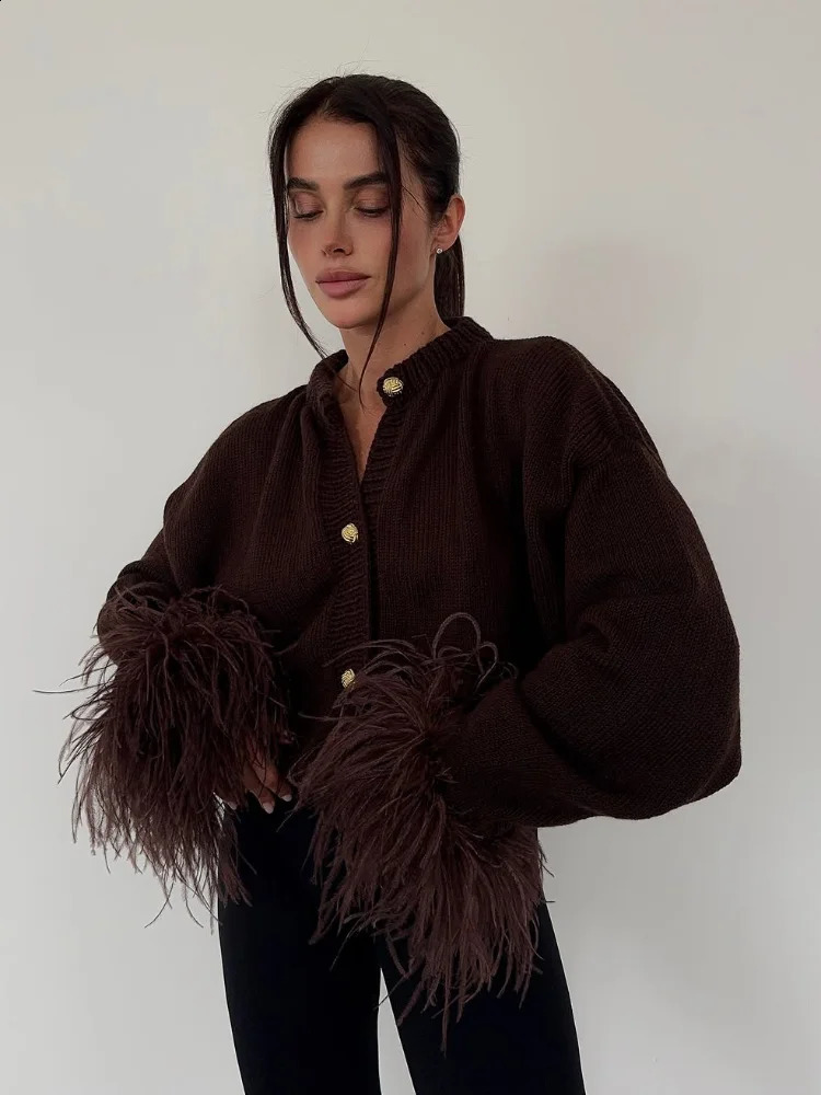 Women Chic Feather Patchwork Knitted Cardigan Oneck Long Sleeve Singlebreasted Short Sweater Lady High Street Knitwear 251022