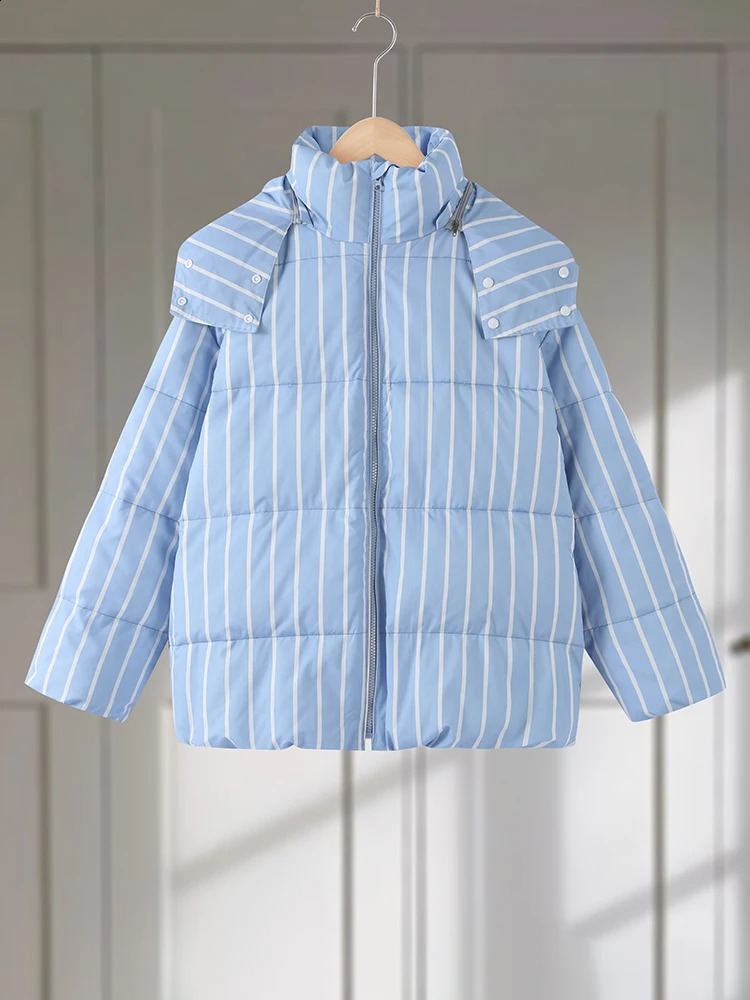 Striped Womens Winter Quilted Jacket Hooded Thicken Single Breasted Long Sleeve Casual Female Coat Chic Loose Outwear 251021