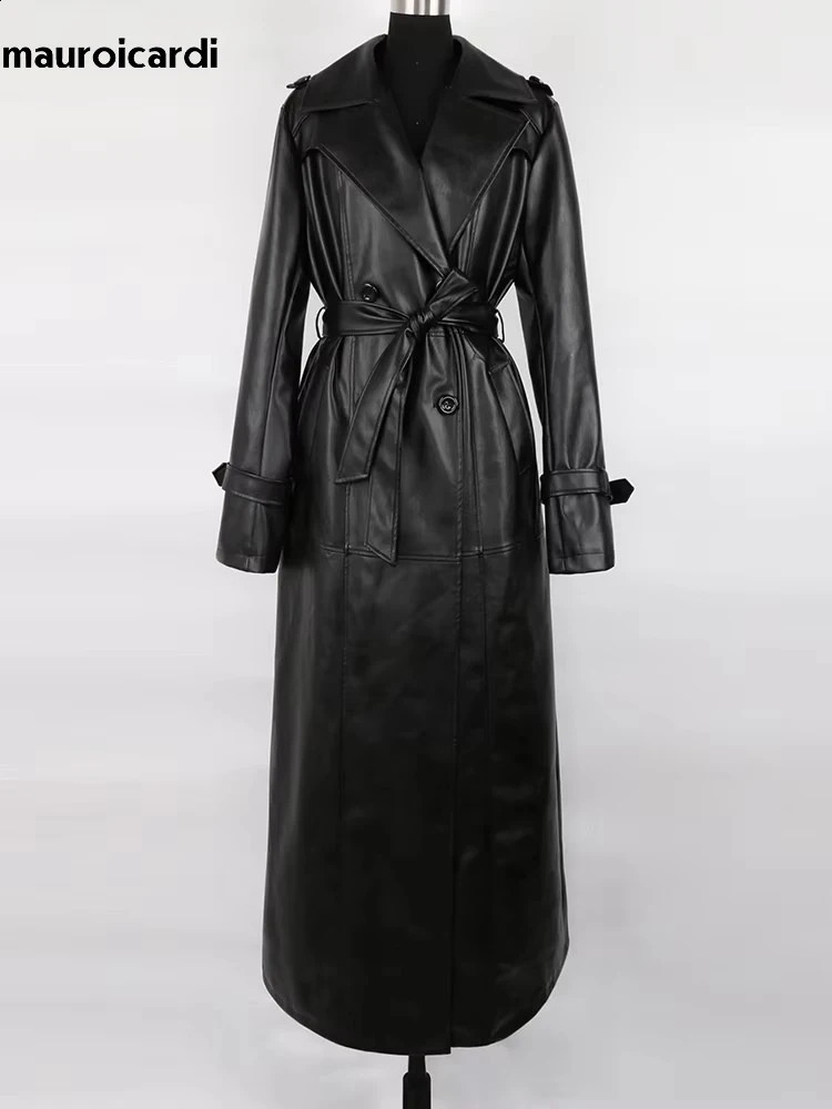 Mauroicardi Spring Autumn Waterproof Black Soft Pu Leather Trench Coat for Women Belt Double Breasted Floor Length Overcoat 251017
