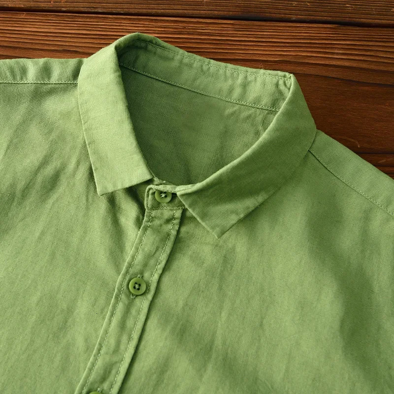 Green Cotton Linen Casual Shirts For Men Basic Classic Long Sleeve Turndown Collar Breathable Clothing 251016