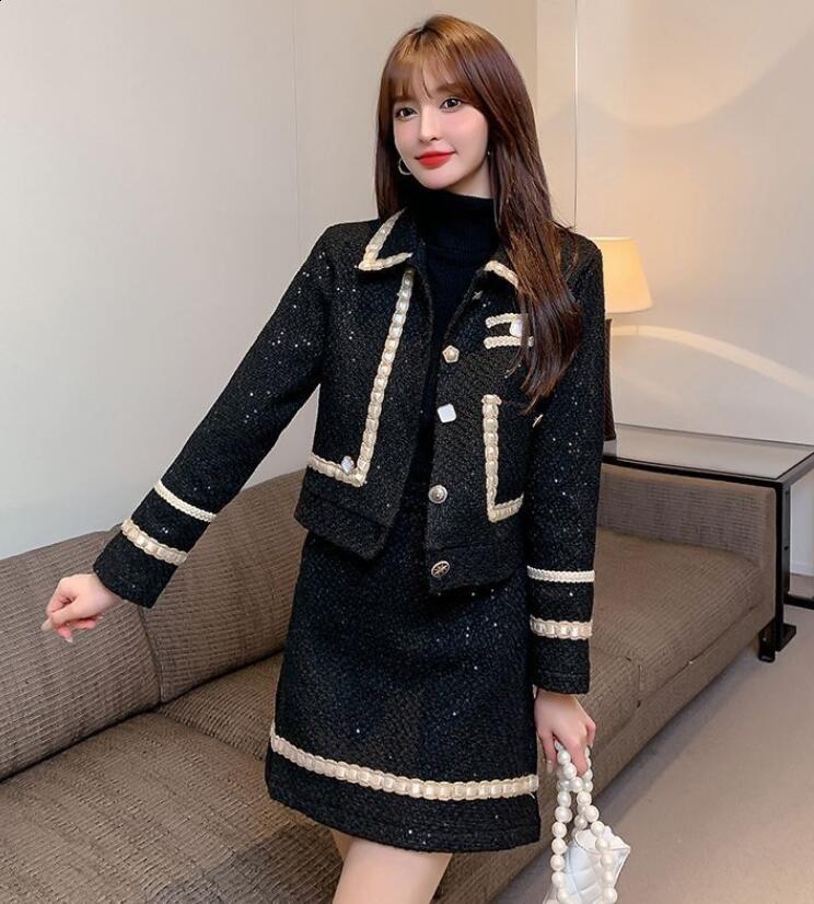 Women Tweed Jacquard Fragrant Suit Jacket Coat Top And Skirt Two Piece Set Elegant Chic Outfit Winter Workwear Party Clothing 250718