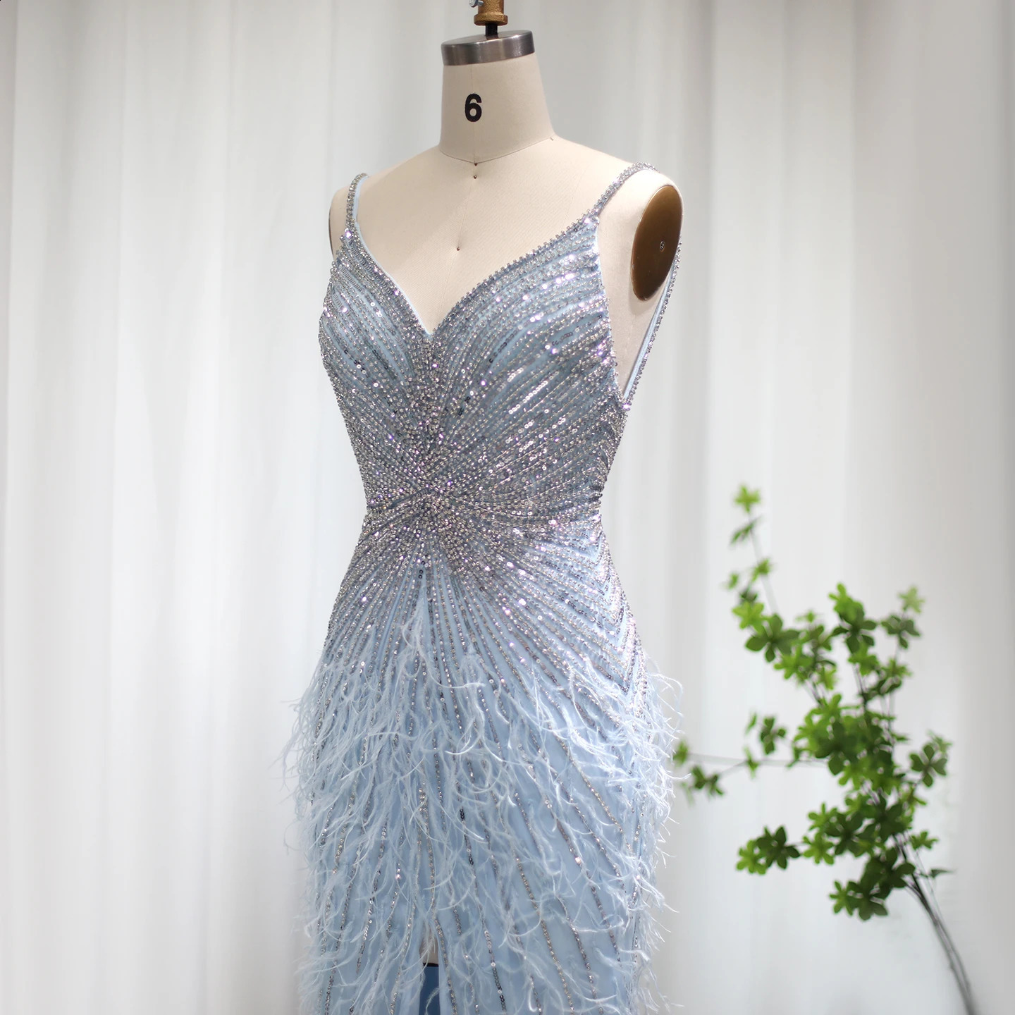 Sharon Said Beaded Blue Feather Prom Dress Sexy Spaghetti Straps Backless Rose Pink Evening Dress Arabic SS004 Customized 251020