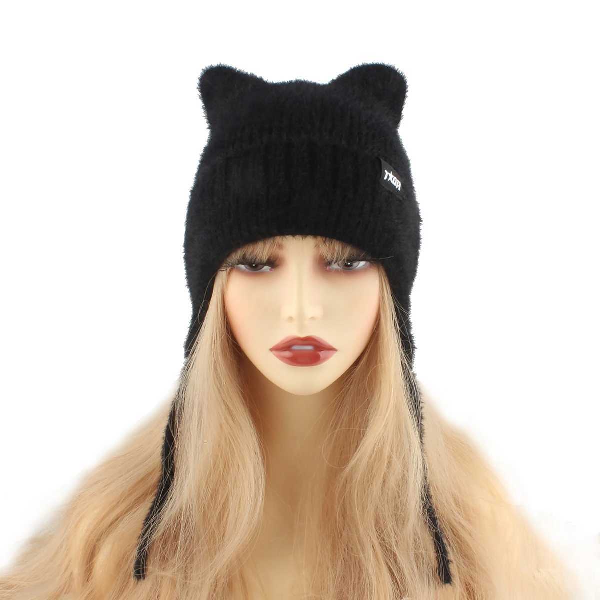 Winter Warm Soft Stretch Slouchy Beanie Hats For Women Fashion Cute Cat Ears Earflap Hat Outdoor Ear Protection Fuzzy Ski CapXJ251023