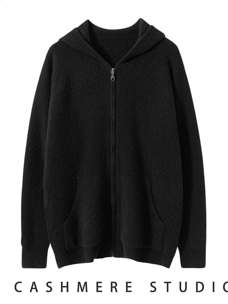Mens Autumn Winter Cashmere Sweater Zippers Hooded Cardigan Jacquard Casual Pockets 100 Knitwear Raglan Sleeve Tops 251023