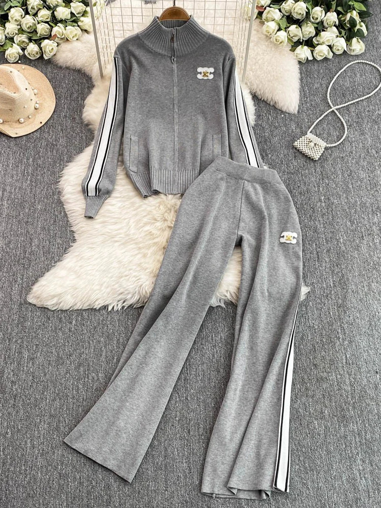 Casual College Sle Womens TwoPiece Set Long Sve Outerwear And High Waist Wide Leg Pants plus Size Sportswear 251022