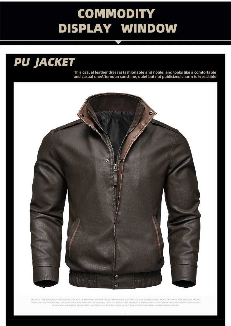 Spring Autumn New Fashion Mens Brown Casual Trendy Simple Basic Stand Collar Zipper Faux Leather Jackets Male Clothes Coats W251023