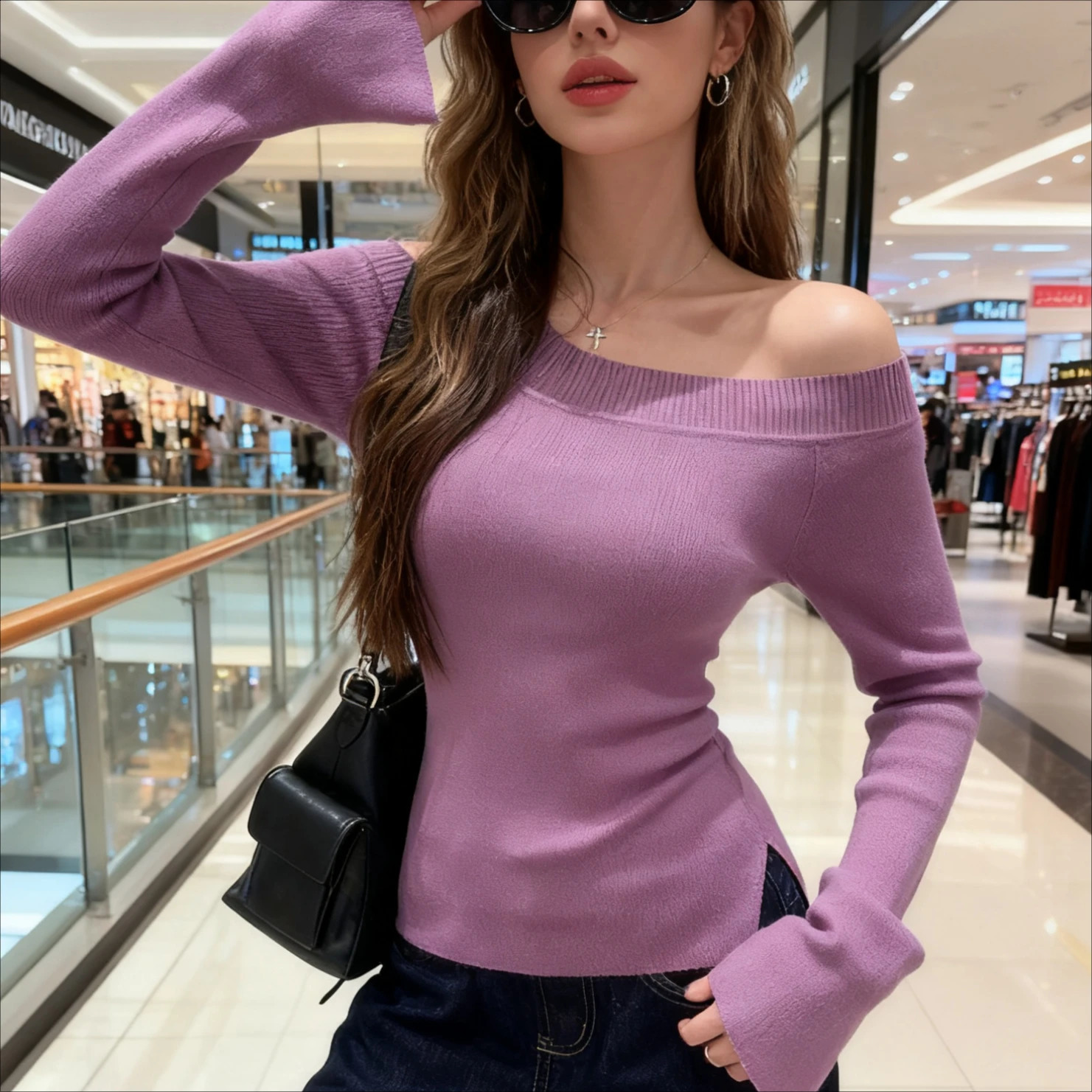 Womens Y2K Off Shoulder Ribbed Knit Top Soft Stretchy Fabric Flare Sleeve Slim Fit Trendy Multi Color Sweater 251023