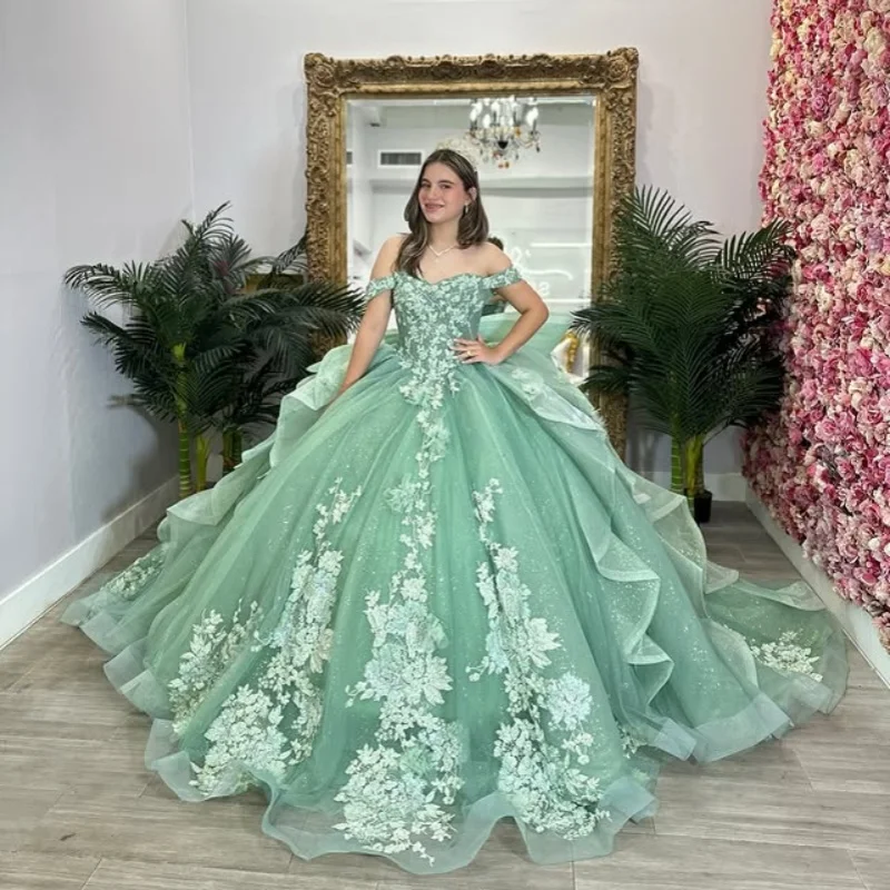 Mint Green Shiny Quinceanera Dresses offthe shoulder Beading Crystal Applique Lace glitter 3D flower decal Bow vestidos de 15 anos sweet 16 dress