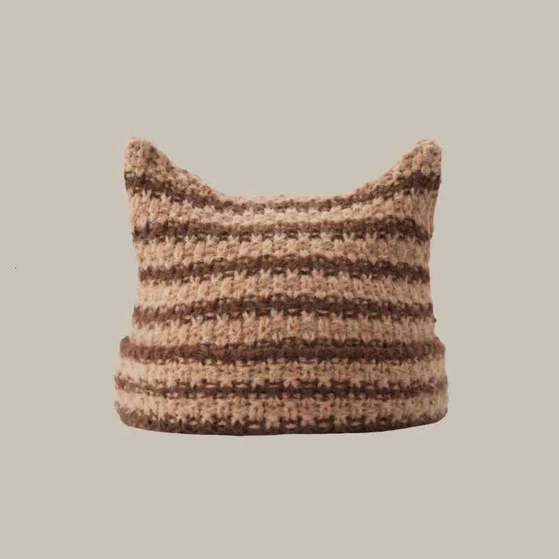 Unisex Cat Ear Stripe Knit Hat Japanese Style Winter Warm Couple Beanie Minimalist Cold Weather Outdoor Fashion Warm CapXJ251023