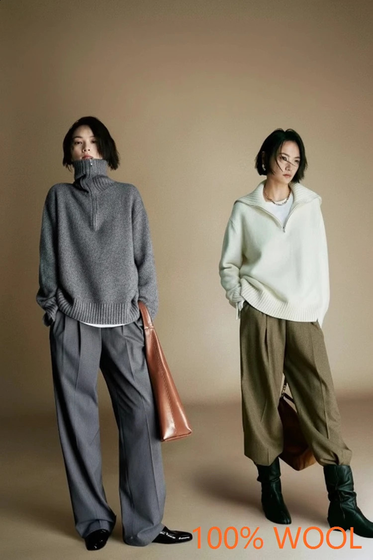 Women 100 Merino wool Sweater Knit Zipper High Neck Lapel Pullover Autumn Winter Fashion Clothe Thick Warm 251022
