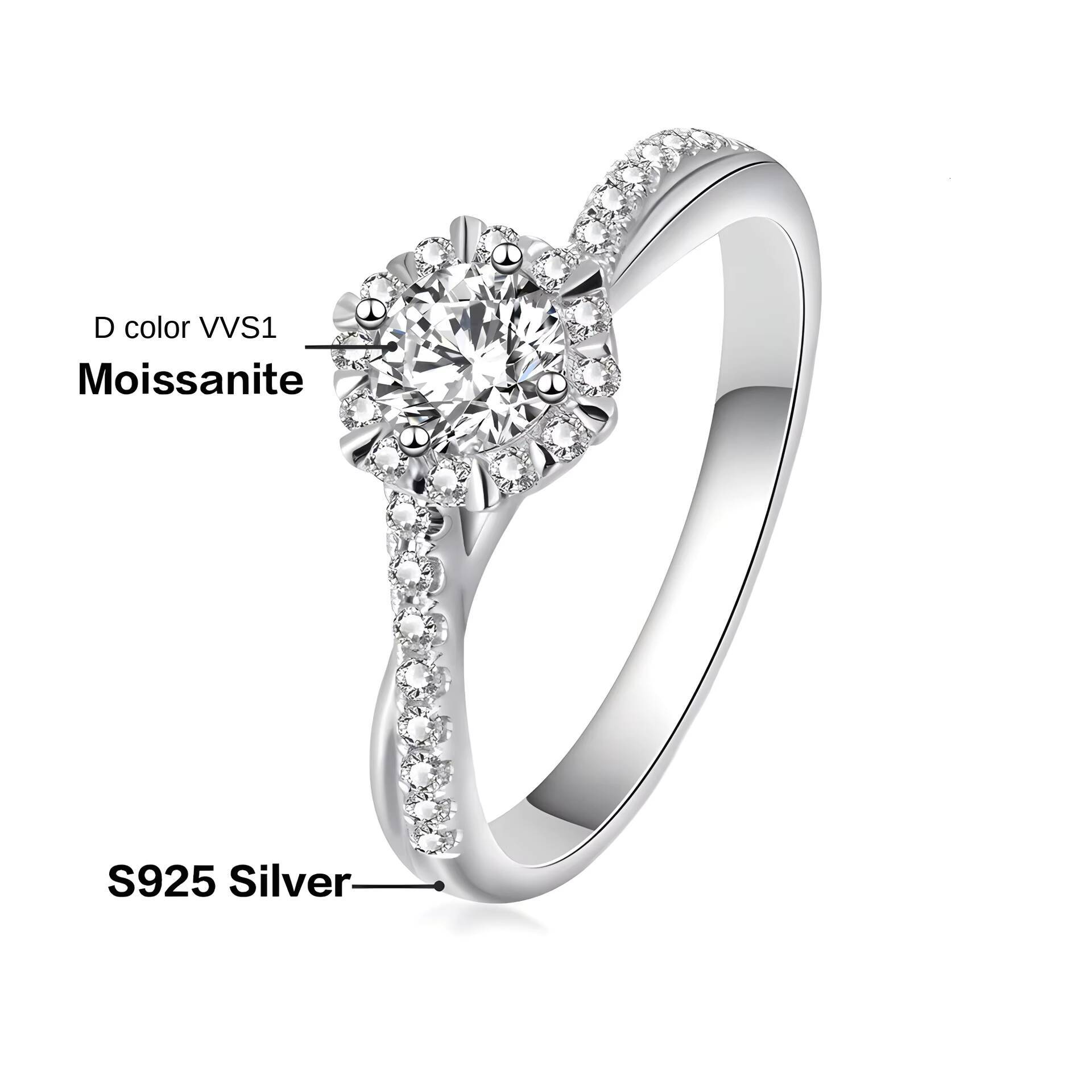 925 Sterling Silver Vega Ring with 1 Karat Moissanite Diamond Live Twist Arm Female Source CrossBorder Explosive Source