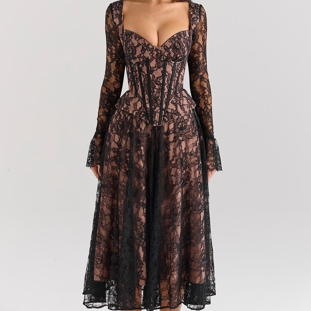 High end Spring and Autumn women's fashion designer with social style, sexy transparent lace fishbone patch long sleeved dress