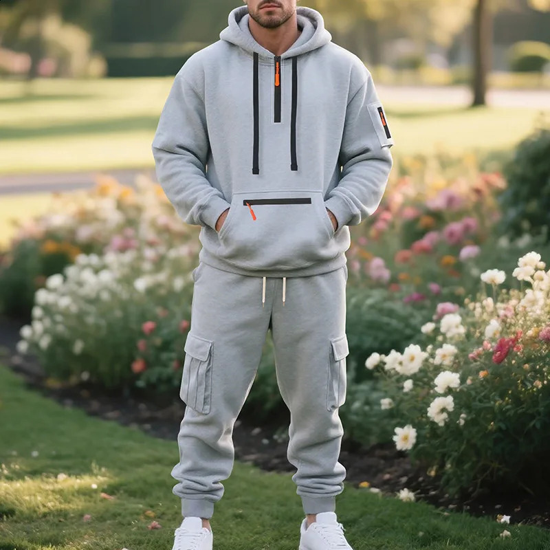 Mens Winter 2 Piece Set Fleece Hoodie and Cargo Joggers Outfit for Cold Weather Workout Streetwear 251023