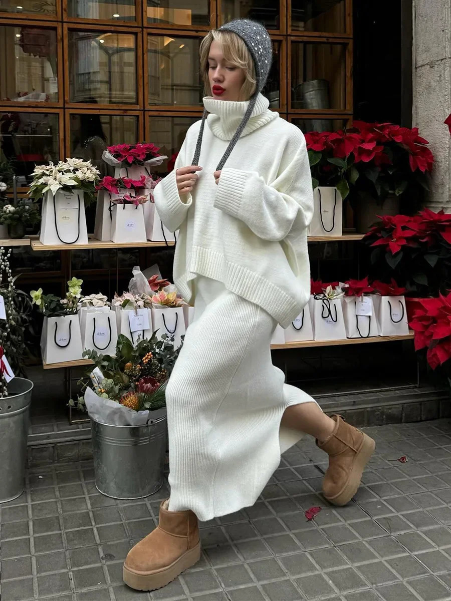 Wolfeel Womens Knitted Turtleneck Sweater Skirt 2 Piece Set Autumn Winter Loose Solid Color Knit Outfit Casual Warm Suit 251022