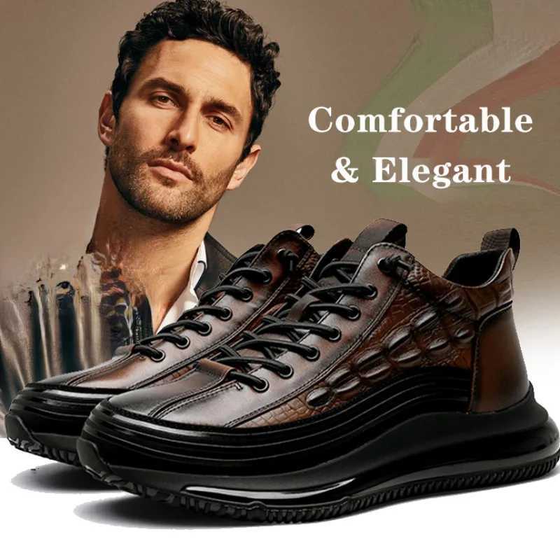 Mens winter thick bottom casual shoes light luxury fashion Air Cushion Cowhide Crocodile Print Sneakers Height Lifting NonSlip Z251022