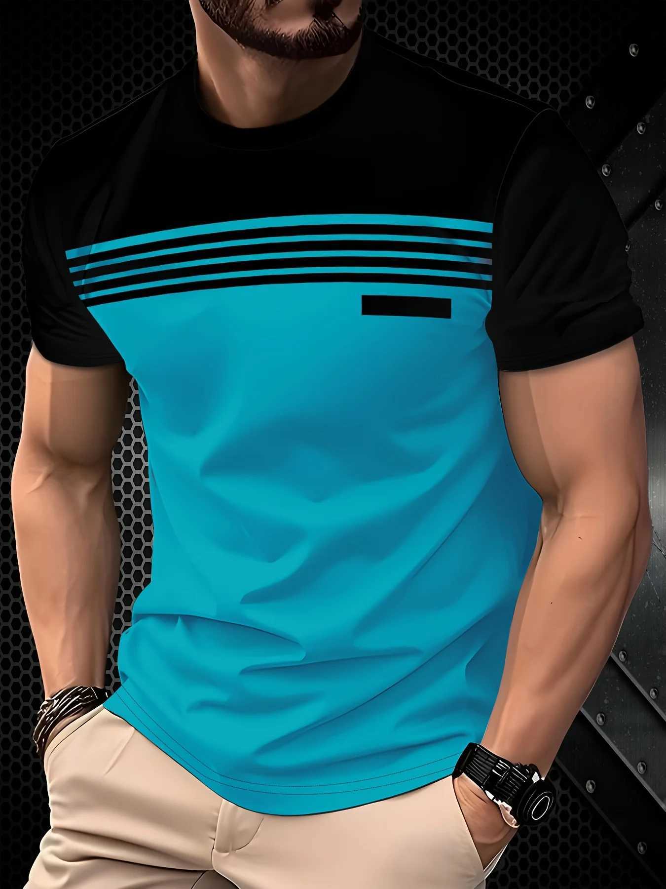 Fashionable mens summer new striped print comfortable breathable round neck Tshirt outdoor casual topXJ251023