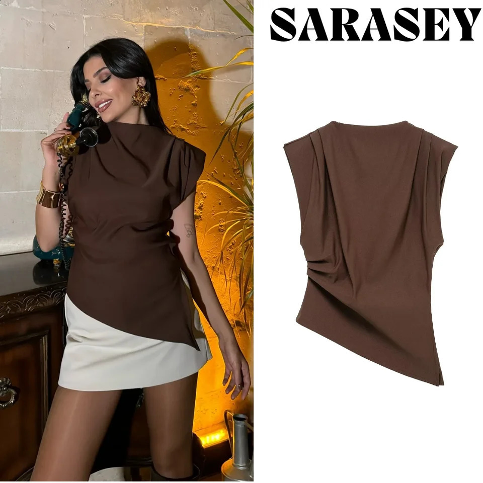 2025 Summer Asymmetric Tank Women Wine RedBrownBlack Ruched Sleeve OfficeParty Tops Breathable Stretchy Slim Fit Streetwear 251023