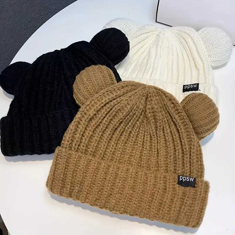 Cute Bear Ear Knitted Wool Hat Women Fashion Hooded Thick Beanies Cap Winter Warm Woolen Hats Designer Kpop Personality BonnetXJ251023