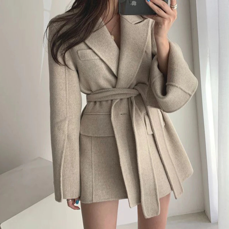 Retro Chic Autumn Winter Woolen Coat One Button Long Sve Suit Collar Waist Cinched Side Slit Warm Knitwear for Women 251020