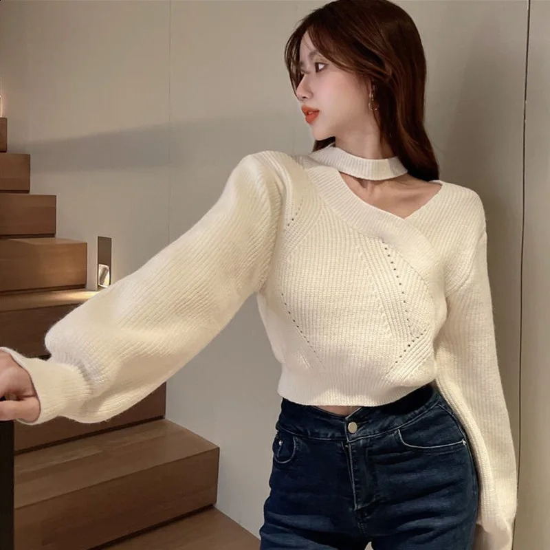 Womens Neck Hanging Solid Sweater Warm Pullover Sweater Vneck Cross Neck Off Shoulder Knitwear Tops 251023