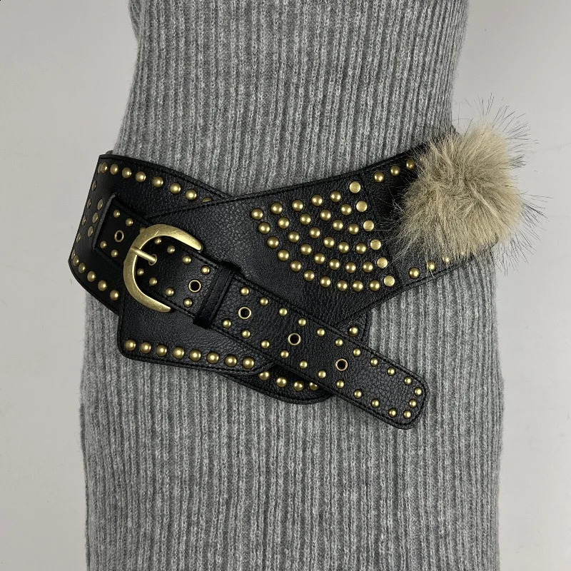 Punk Women Studded Fur Belts Vintage Cowgirl Belt Y2K Metal Pu Gothic Waist Furry Fur Waistband Bohimia for Night Club Dress 251013