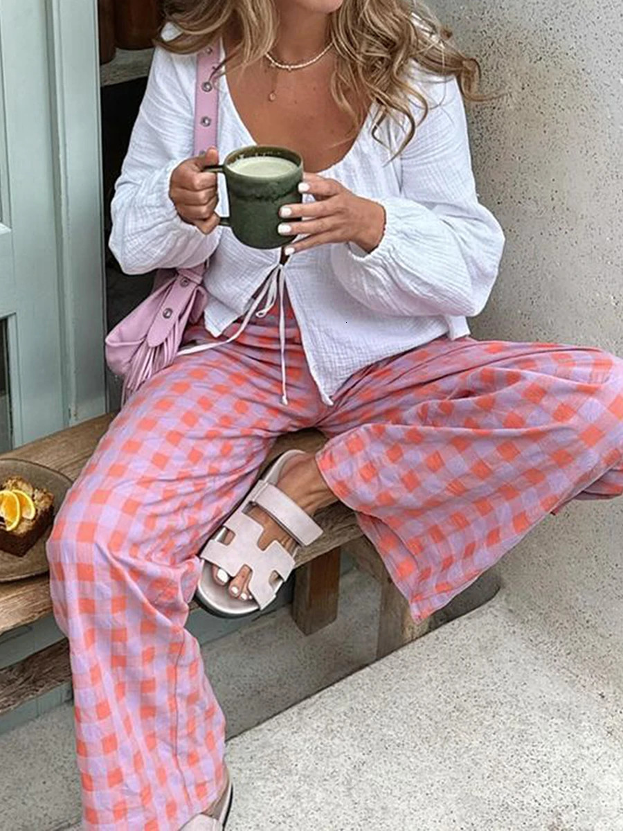 Women Fashion Pink Plaid Print Casual Slim Straight Pants Female Chic Zipper Fly Long Length Trousers Mujer 251016