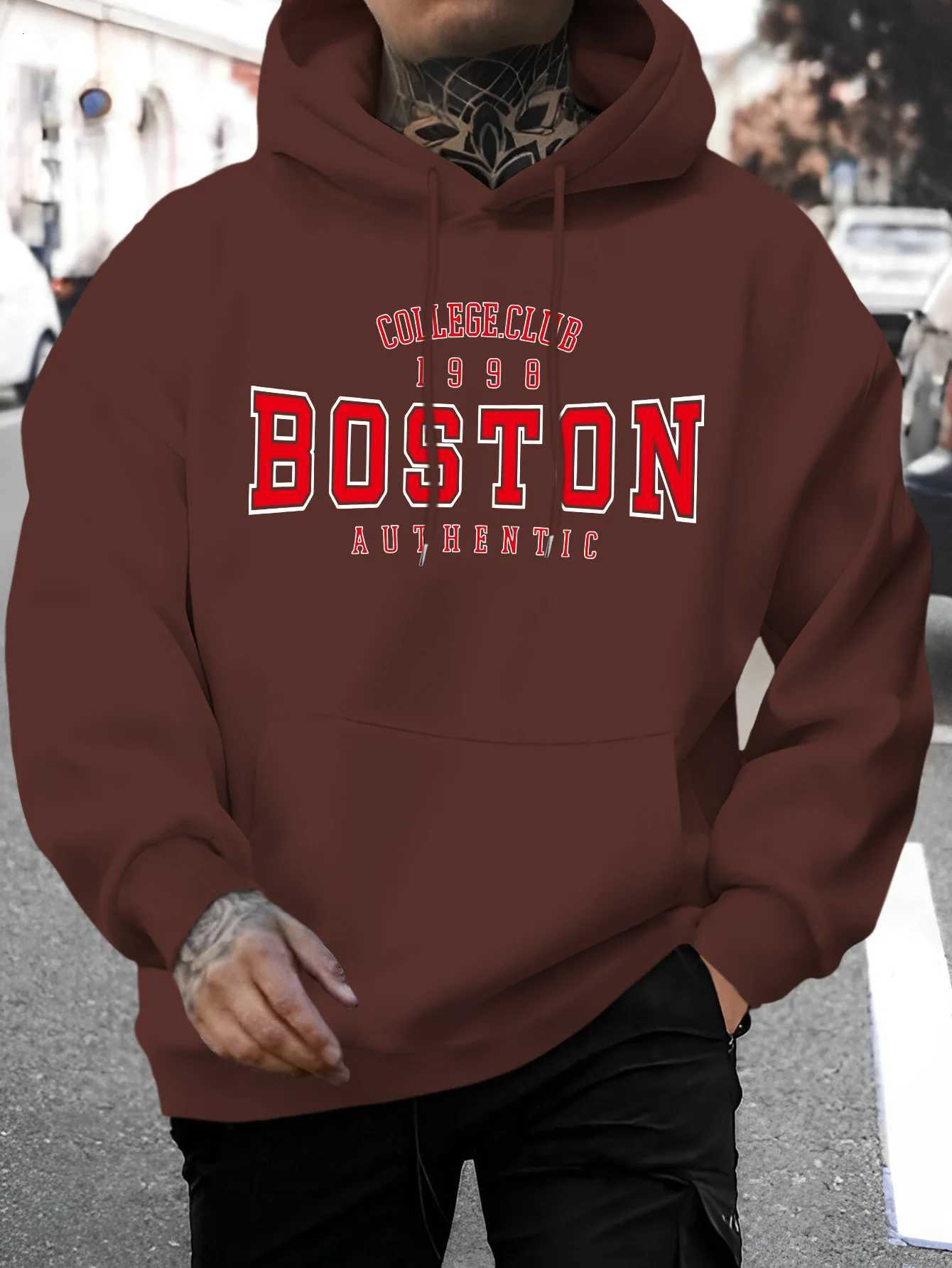 Mens autumn and winter casual fashion loose Boston letter pattern print long sleeved hooded sweatshirt warm pulloverT251023