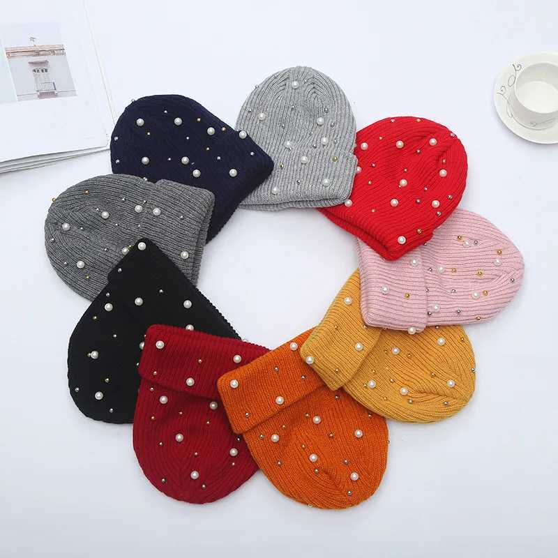 Winter Knitted Beanie Wen Fashion Rhinestone Pearls Knitting Hats Ladies Casual Sklies Fa Solid Color Casual BoneW251023